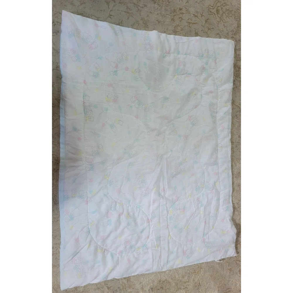 Vintage Gerber Baby Comforter Blanket Pastel Animals Train Blue White 41x33